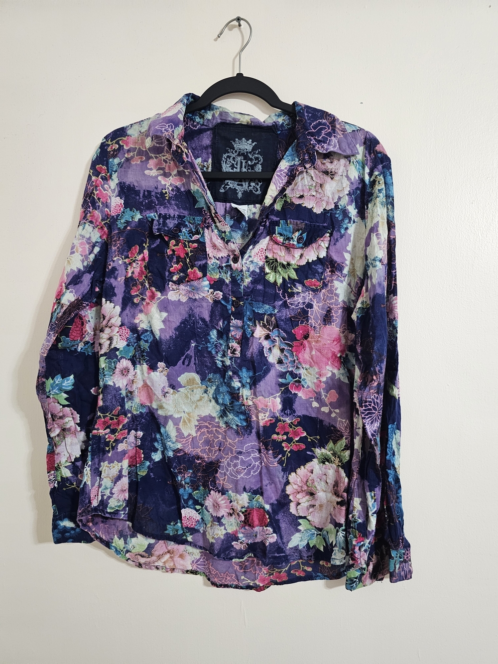 JAK XL Floral Purple Long-Sleeve Women's Blouse Button Down Lightweight